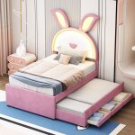 Lit enfant rembourr� 90 x 200 cm, led lit simple avec lit gigogne et tiroir, 2x sommiers � lattes, velours, ...