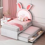 Lit simple 90x200 cm lit enfant avec lit gigogne, 3 tiroirs et lumi�re led, en tissu velours, beige, ...