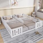 Lit enfant double 180x200 cm en bois massif, barri�re et motif �toiles, lit au sol, protection anti - ...
