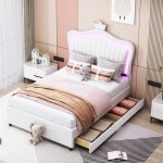 Fortuna lai - lit enfant led avec 2 tiroirs, sommier � lattes et t�te de lit avec couronne, en cuir pu, ...