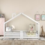 Lit cabane 90x200 cm lit simple d'enfant avec chemin�e, barri�res de s�curit� et sommier � lattes, en ...