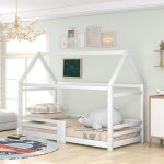 Lit cabane 90x200 cm lit simple d'enfant avec tableau noir, barri�res de s�curit� et sommier � lattes, ...