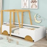 Modernluxe - lit enfant en pin massif 90x200cm - en forme de voiture jeep - blanc & naturel
