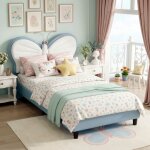 Lit enfant simple 90x190 cm - lit tapiss� avec liseuse led, t�te de lit r�glable forme papillon et sommier ...