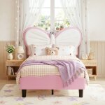 Lit enfant simple 90x190 cm - lit tapiss� avec liseuse led, t�te de lit r�glable forme papillon et sommier ...