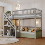 Lit enfant superpos� en bois massif 90x200cm - avec escalier et meubles de rangement - gris