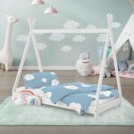 Ml - design - cadre de lit d'enfants tipi 70x140 cm avec sommier  lattes, en bois massf blanc, tente ...