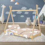 Ml - design - lit d'enfants tipi 70x140 cm avec sommier  lattes, bois de pin massif, naturel, tente ...