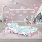 Ml - design - lit d'enfants tipi 70x140 cm avec sommier  lattes, en bois massif rose, tente indien de ...