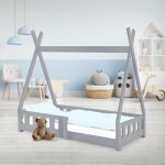 Lit d'enfants tipi gris clair avec protection contre les chutes en bois de pin massif 140x70 cm sommier ...