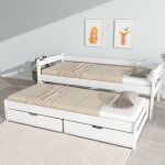 Lit gigogne avec 2 tiroirs - 200x90cm & 190x90cm - bois massif - blanc