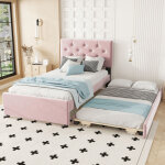 Lit gigogne 90�200 cm, lit simple avec boutons capitonn�s et sommier, sans matelas, velours, rose