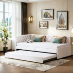 Lit gigogne 90x190 cm, canap� lit 2 places avec 2 sommier � lattes, canap� lit convertible, velours beige ...
