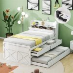 Lit gigogne 90x190cm, lit d'enfant avec tiroir extensible, sommier  lattes, tte de lit avec tagres ...