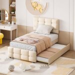 Lit gigogne 90x200cm + 90x190cm, lit capitonn d'enfant, lit extensible en lin avec sommier  lattes, ...