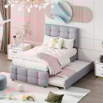 Lit gigogne 90x200cm + 90x190cm, lit capitonn d'enfant, lit extensible en lin avec sommier  lattes, ...