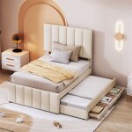 Fortuna lai - lit gigogne 90x200cm + 90x190cm, lit  roulettes avec 3 tiroirs, lit capitonn en lin, ...