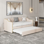 Lit gigogne 90x200cm - canap� - lit rembourr�, tissu en lin, avec sommier � lattes, sans matelas - beige ...