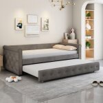 Lit gigogne capitonn� 90x200 cm, avec canap� - lit extensible, tissu velours, sommier � lattes, style ...