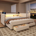 Lit gigogne en velours beige 90x190 cm avec led, ports usb / type - c, 2 tiroirs et rangements, sans ...