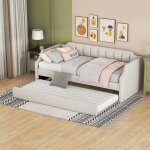 Lit gigogne 90x190 cm, lit enfant avec dossiers et accoudoirs, en lin, beige, sans matelas