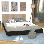 Le quai des affaires - lit loft 160x200 + 1 sommier + t�te de lit / d�cor noir & ch�ne blanchi / 202x164x75cm ...
