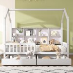 Lit maison enfant 90 x 200 cm - biblioth�ques de rangement et 2 tiroirs - forme chemin�e - blanc