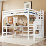 Lit mezzanine 140�200 cm, lit double avec bureau en l, escalier de rangement et penderie ouverte, sans ...