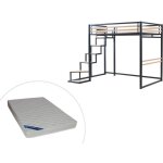 Lit mezzanine 140 x 200 cm - mtal et mdf - noir et naturel + matelas - jogui