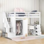 Lit mezzanine 90 x 200 cm - avec armoire, escalier, bureau, 3 tiroirs et placard, sommier  lattes, style ...