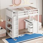 Lit mezzanine 90 x 200 cm avec armoires de rangement et table d'ordinateur, lit mezzanine enfant multifonction ...