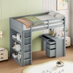 Lit mezzanine 90 x 200 cm avec armoires de rangement et table d'ordinateur, lit mezzanine enfant multifonction ...