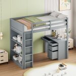 Dans les nuages - lit mezzanine 90x200 cm, avec bureau d'ordinateur, sommier  lattes, compartiment de ...