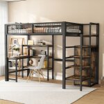 Modernluxe - lit mezzanine 90x200 cm - cadre en fer - avec un bureau et �tag�res - noir