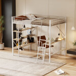 Lit mezzanine 90x200 cm lit en fer avec bureau et 3 �tag�res, pour enfants, ados et adultes, en m�tal, ...
