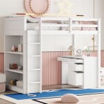 Lit mezzanine 90x200 cm avec meuble de rangement et bureau informatique, avec �chelle et protection antichute, ...