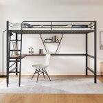 Lit mezzanine 90x200 cm, lit simple avec bureau en l et �tag�res, pour ados, enfant et adulte, en m�tal, ...