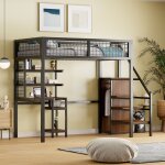 Modernluxe - lit mezzanine enfant 90x200 cm avec structure en fer - avec chelle de rangement?une penderie ...