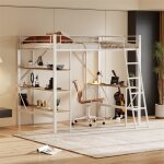 Lit mezzanine 90x200cm, cadre en m�tal, lit sur�lev� avec �chelle, bureau et 3 grandes �tag�res pour ...
