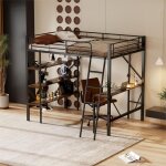 Lit mezzanine 90x200cm, cadre en mtal, lit surlev avec chelle, bureau et 3 grandes tagres pour ...