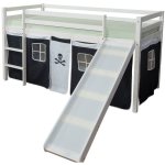 Lit mezzanine 90x200cm avec chelle toboggan en bois blanc et toile noir pirate lit06117