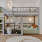 Lit mezzanine 90x200cm, escalier avec rangement int�gr�, lit mezzanine 2 places, sommier � lattes, barri�re ...