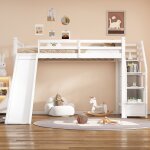 Lit mezzanine 90x200cm, avec toboggan, �chelle de rangement, lit mezzanine enfant, sommier � lattes, ...