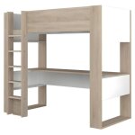 Lit mezzanine avec bureau et rangements intégrés - 90 x 200 cm - chêne et blanc - noah ii Lit mezzanine avec bureau et rangements intégrés - 90 x 200 cm - chêne et blanc - noah ii
