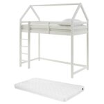 Lit mezzanine cabane 90 x 190 cm - pin - blanc + matelas - tarzia Lit mezzanine cabane 90 x 190 cm - pin - blanc + matelas - tarzia