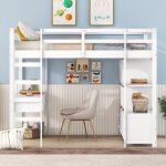 Lit mezzanine enfant 140x200cm, avec 6 tiroirs de rangement et bureau sous lit, sommier  lattes, blanc ...
