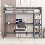 Lit mezzanine avec bureau, lit mezzanine enfant 90x200 cm avec rangements, cadre de lit en pin, gris