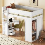 Lit mezzanine, �quip� d'une armoire, d'un bureau et de tiroirs, 90 x 200 cm, en bois, blanc