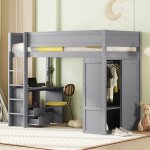 Lit mezzanine 90x200cm, lit enfant, lit simple avec armoire, bureau et de tiroirs, en bois de pin, gris ...