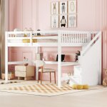 Lit mezzanine 140x200cm, lit enfant, avec tiroirs de rangement et bureau sous lit, sans matelas, blanc ...